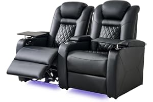 SOOTHROOM Home Theater Seating, Classic Series Leather Movie Theater Chairs, Power Headrest and Memory with C-Type USB Charger, 7-Color Ambient Lighting and Tray Table, Black Power Adjustable Recliner(Row of 2)