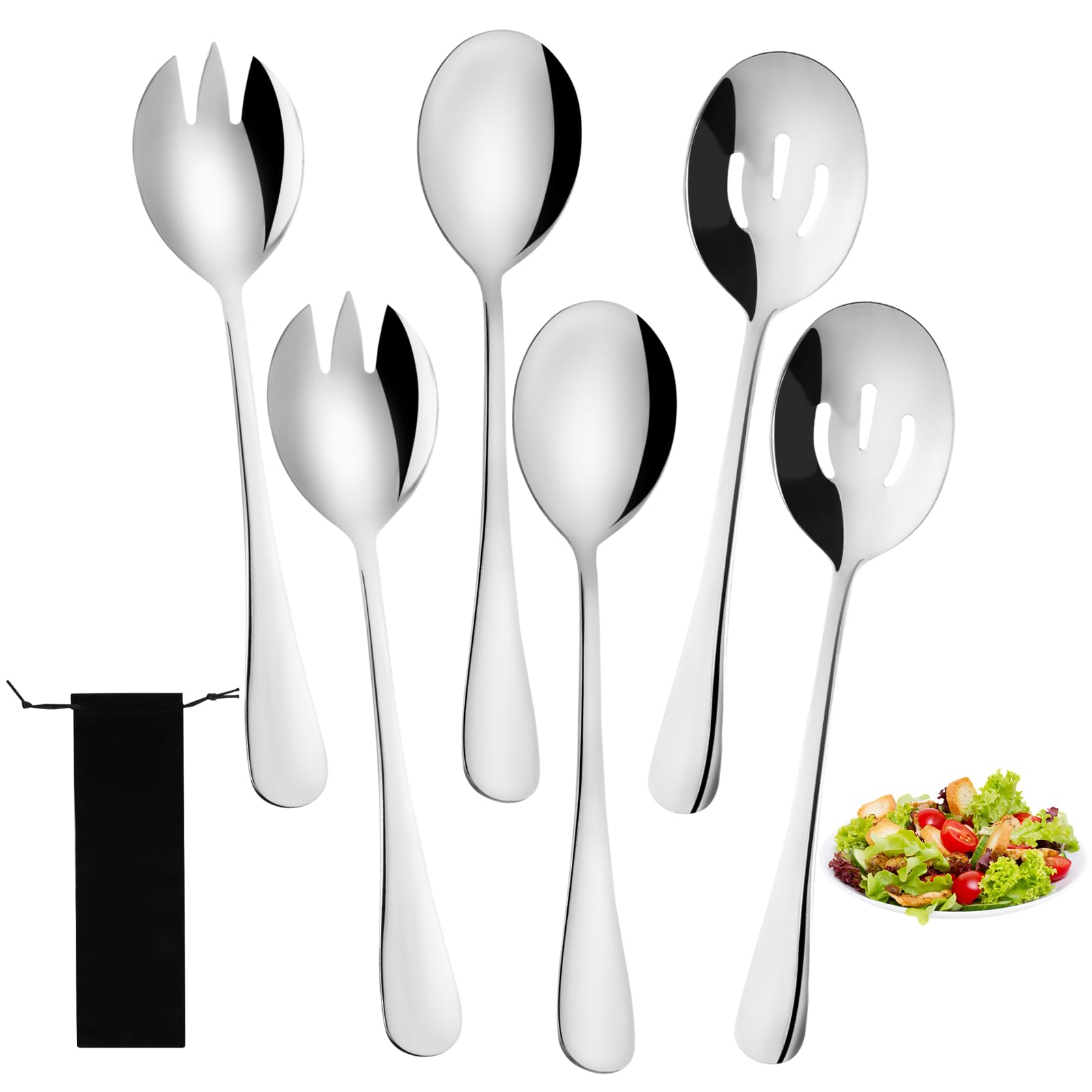 JIANGZHIB Set of 6 Salad Servers Stainless Steel Serving Spoon, 20 cm Serving Spoon, Stainless Steel Salad Fork, Round Spoon and Leaky Spoon, Serving Spoon, Large Stainless Steel Set for Home,