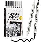 TRANSON 4 Black and 4 White Paint Markers Bold and Fine Dual-tip Acrylic Paint Marker Set for Rock Painting Glass Canvas Wood Leather Ceramic Painting