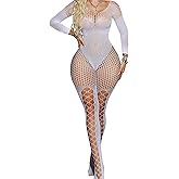 FRENZCOY Women Lingerie Sexy Fishnet Bodysuit,Mesh Lace Body Stockings for Women,One Size Long Sleeve Lace Bodysuit