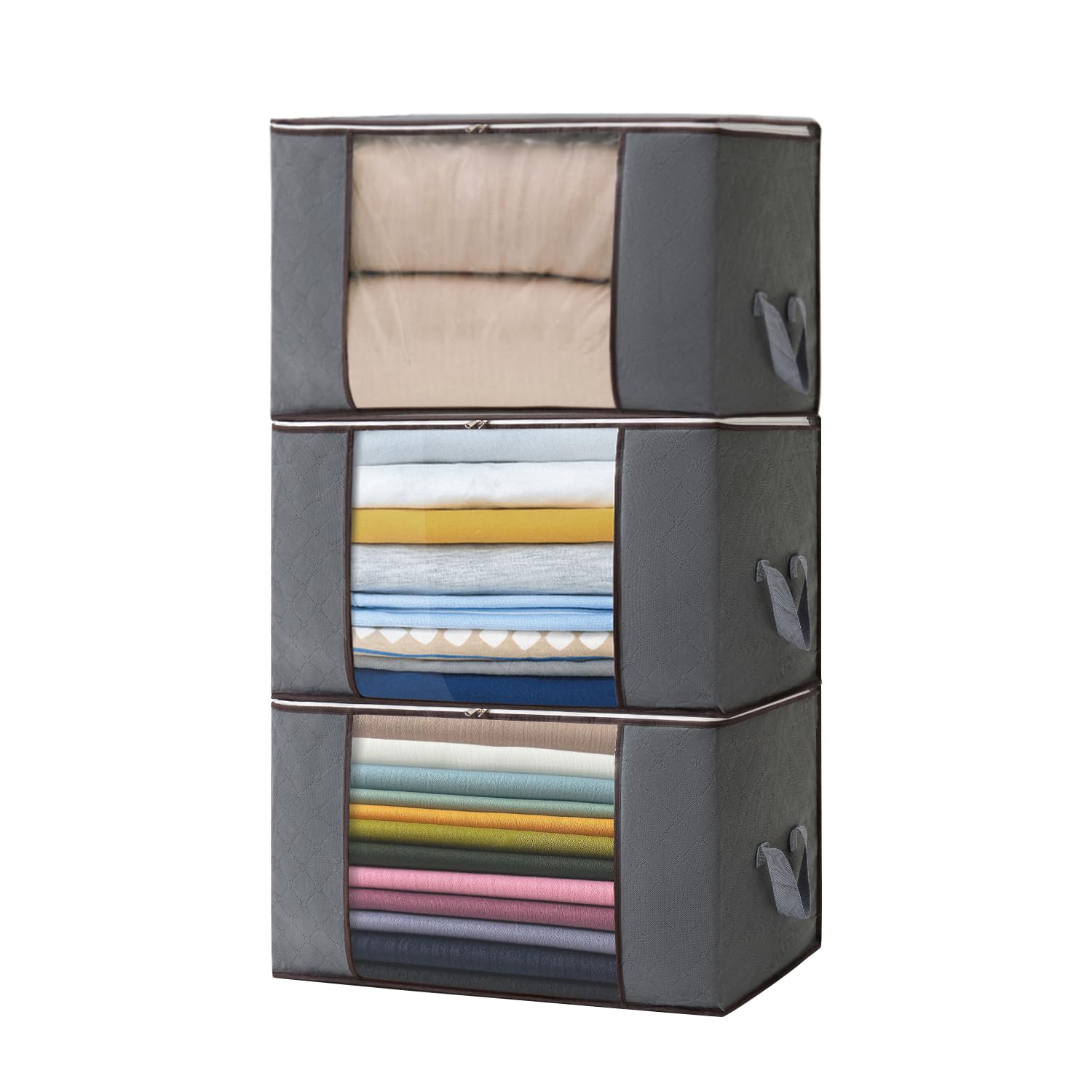 Boic 3 Pack 90L Clothes Storage Bags, Large Capacity Storage Boxes With Lids, Foldable Storage Bags With Zips For Toys, Clothing, Bedding, Blankets