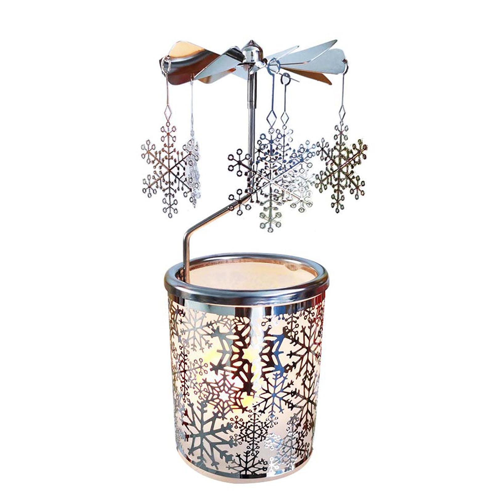 kingnero carousel candle rotary candle holder Christmas snowflake spinning candleholder metal tea light holder candlestick for home decoration or relatives and friends gift (Silver snowflake)