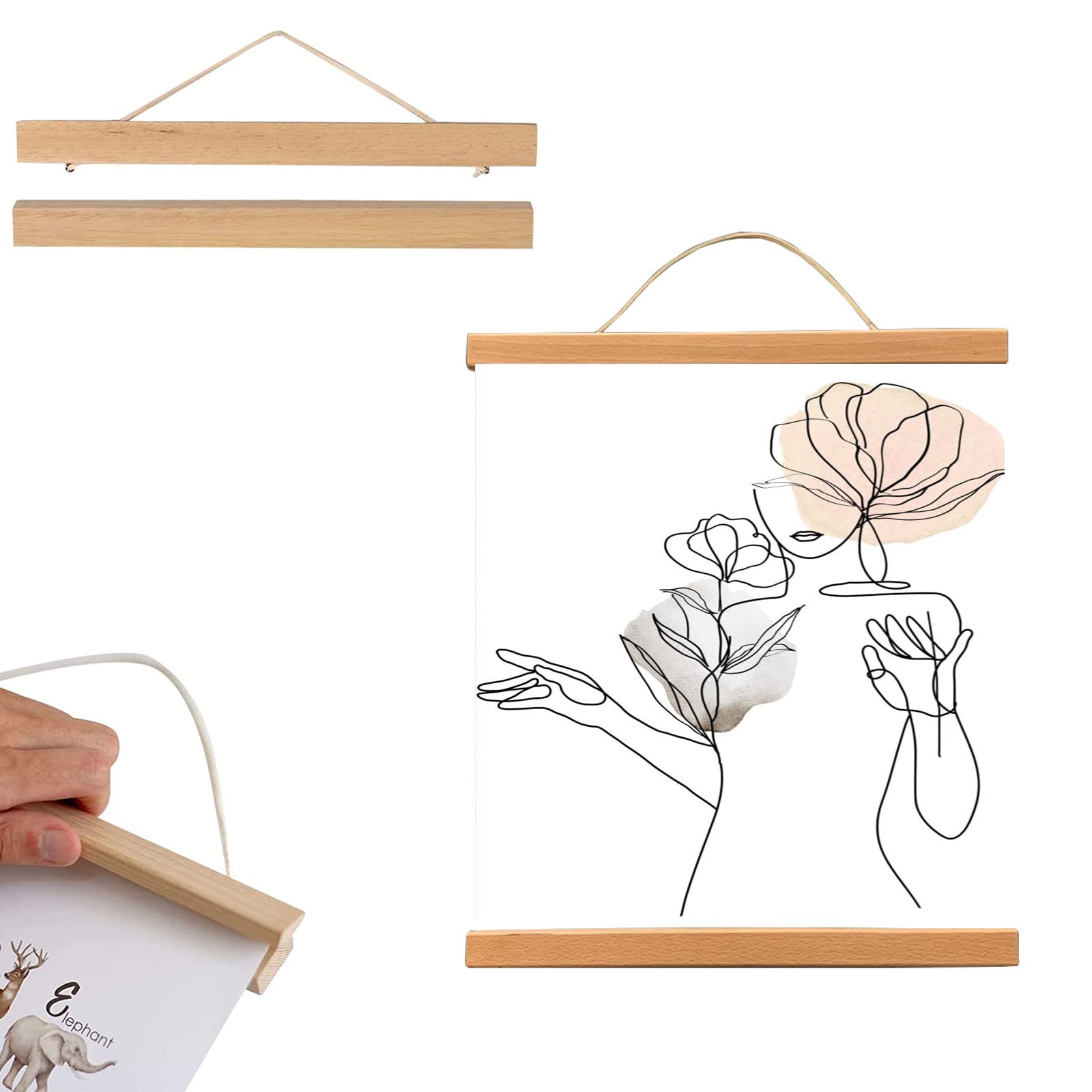 Poster Frame Hangers, 31cm Magnetic Poster Hanger Frame, Wood Poster Frame, Magnetic Poster Hanger, Natural Wooden Poster Frame Hanging Kit, for Photos Canvas Prints Artwork Home Dorm Interior Decor