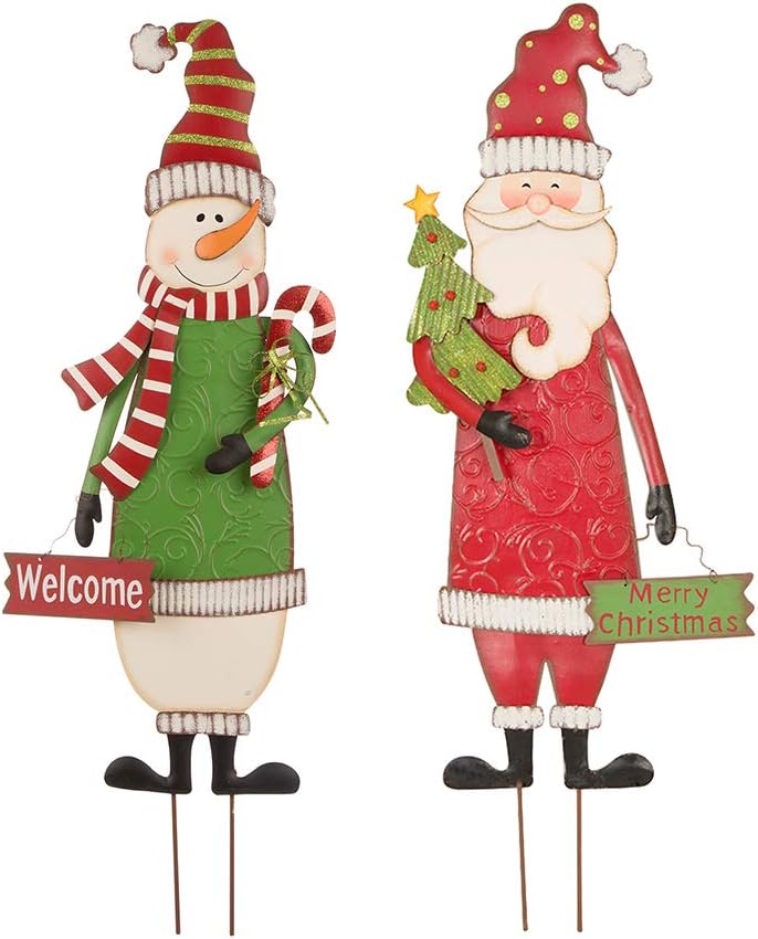 Decorative Garden Stakes - Glitzhome Set of 2 Metal Snowman & Santa Yard Stakes Welcome Sign Garden Lawn Patio Christmas Decor for Outdoor Stake Indoor Standing Decorations, 36