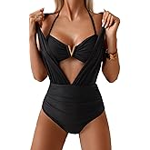 Eomenie Women's One Piece Swimsuit Halter Plunging Neck Bathing Suit Wide Straps Tummy Control Tie Back Swimwear