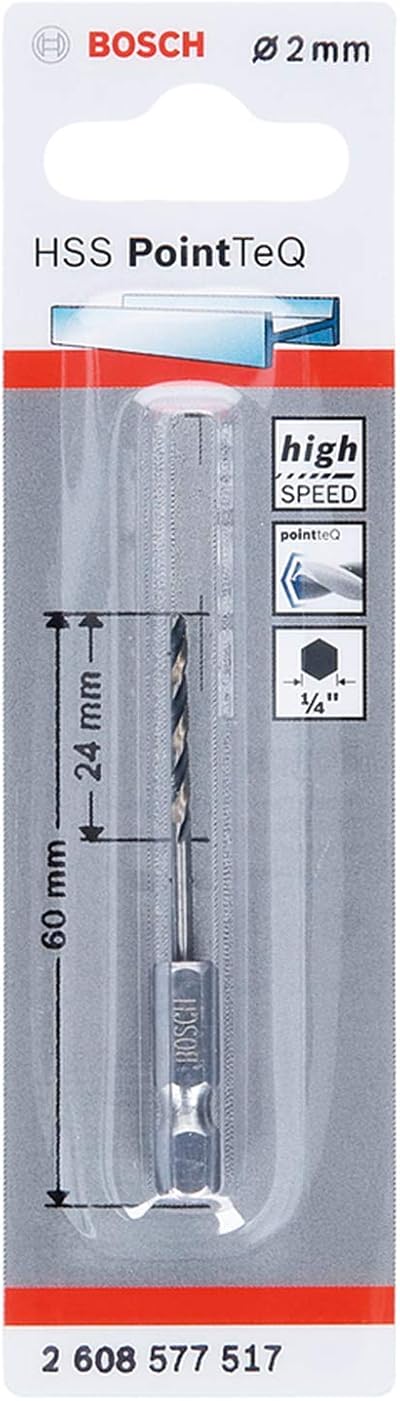 Bosch PointTeQ Hex Drill Bit 2.0 mm for Metal 60 mm 1/4 Inch Shank