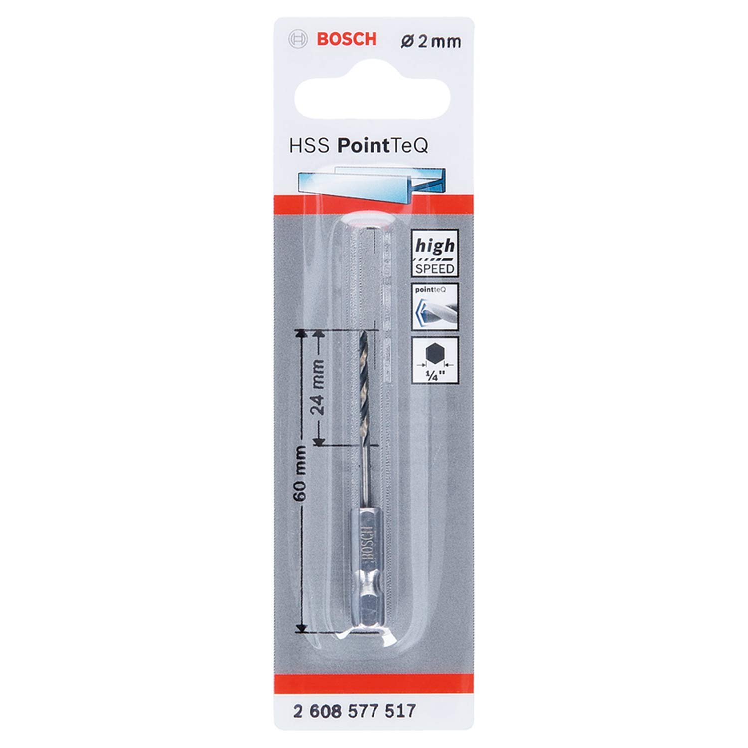 Bosch Professional PointTeQ Hex Drill Bit (for Metal, Ø: 2.0 mm, Total Length: 60 mm, ¼’’ Hex Shank, Accessory for Impact Drivers and Drill Drivers)