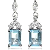Sterling Silver Choice of Created or Genuine Gemstone & White Topaz Emerald-Cut Dangle Earrings