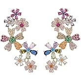 Ear Climber Earrings for One Hole or Clip on Earring, Multicolor Crystal Flower Ear Cuff Earrings, Floral Design with Gemstones crawler earrings