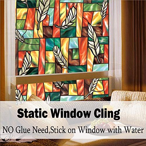 Bloss Vinyl Static Cling Privacy Leaf Stained Glass Decorative Window Film 17.7 Inches by 78.7 Inches