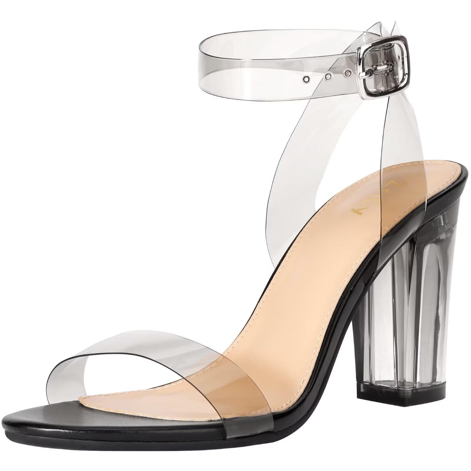 ZriEy Black Clear Block Sandals Chunky Heels for Women 3.35 Inch Open ...