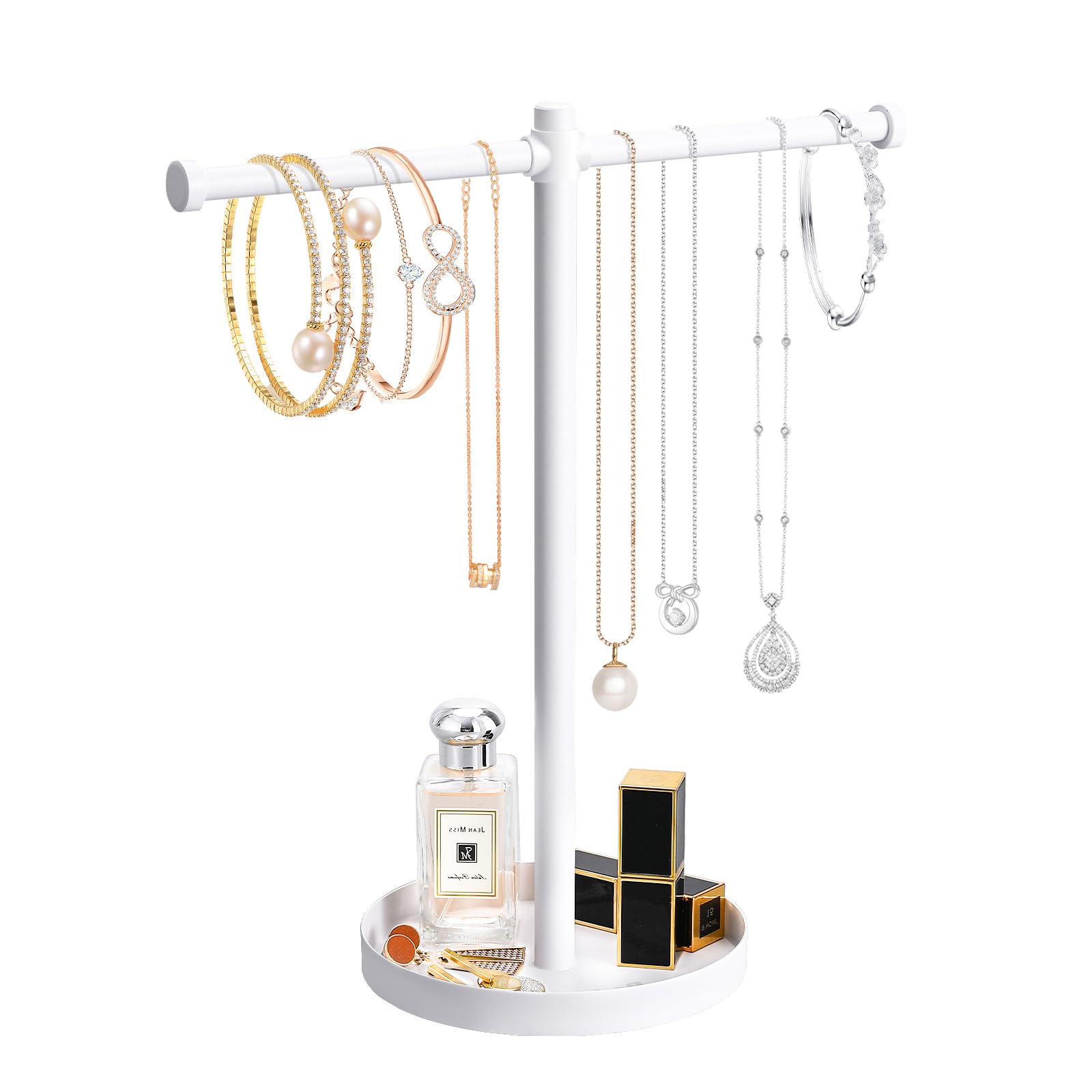 Photo 1 of bodkar Jewelry Necklace Organizer Stand,12.9" Tall Sturdy Metal Jewelry Stand with Round Tray for Bracelet Bangles Holder Display,Long Necklace Organizer Holder (white)