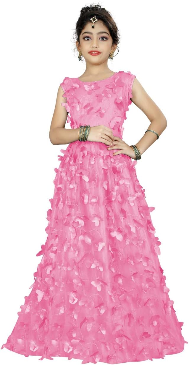 Girl's Semi-Stitched Mono Net Butterfly Pattern Long Gown (Pink, Free Size)