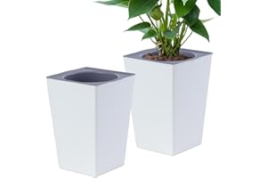 Oliz 2 Pieces 6 Inch Self Watering Planter, Plastic Flower Pots with Inner Pot Indoor Plants Brick Pattern Flowerpot for Indoor Plants, African Violets, Flowers, Herbs (White)