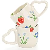 Cididu 2 Pack Cute Ceramic Coffee Mug, 10 Oz Hot Chocolate Mugs with Heart Shaped Handle, Strawberry Floral Latte Cup for Women Girls, Handmade Aesthetic Tea Milk Cup for Cocoa, Gift, Microwave Safe