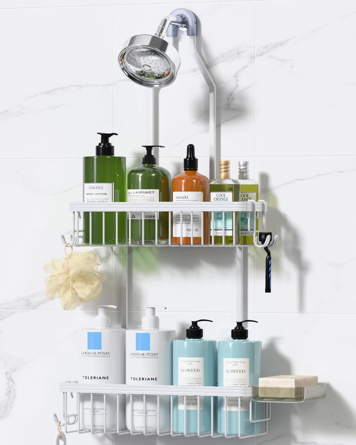 Photo 1 of YASONIC Shower Caddy Hanging, Never Rust Shower Organizer Hanging, Aluminum Shower Racks for Inside Shower with Hooks for Razor, Bathroom Organizers and Storage with Soap Holder, White