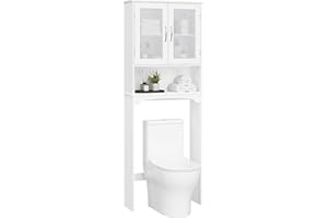 Yaheetech Over The Toilet Storage Cabinet with Double Tempered Glass Doors and Adjustable Shelf, Freestanding Bathroom Storage Rack, 66 Inches Height
