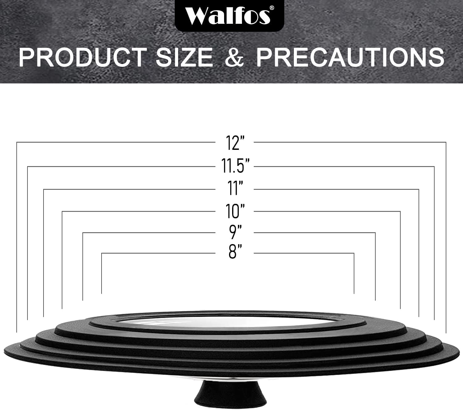 Walfos Universal Pan Lid - Pot Lid for Pots, Pans and Skillets, with Unique Enlarged Heat Resistant Silicone Rim and Tempered Glass, Fits 8