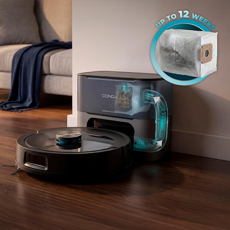 Robot Aspirapolvere e Lavapavimenti Base Autosvuotamento Conga Y80 Dark. Navigazione Laser, 25000 Pa, Auton. 240min, Spazzola Silicone Pet, Sacco 3L, Bluetooth WiFi, App per Casa Sempre Pulita