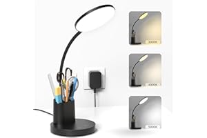 comzler Small Desk Lamp, LED Desk Lamps with Pen Phone Holder, Black Desk Light for Home Office,8W 3 Modes Dimmable LED Desk Light for Kids, Desktop Study Lamps for Bedrooms