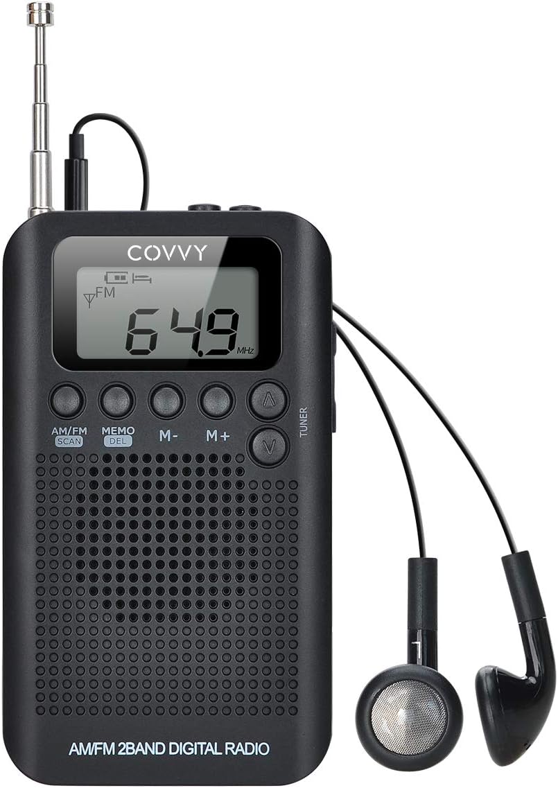 COVVY Digital 2 Band AM/FM Radio, 12/24H Time Display, Battery Operated Tuning Stereo Personal Radio with Earphone
