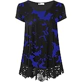 XiaoMaAnJi Plus Size Tops for Women Blouses Dressy Shirt Loose Fit Lace Extender Short Sleeve Flowy Tunic 2025(Blue Black Floral, 4X)