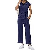 Casly Lamiit 2 Piece Set for Women Summer Casual Cap Sleeve Top with Belted Tie Crop Wide Leg Pants Travel Airport Outfit