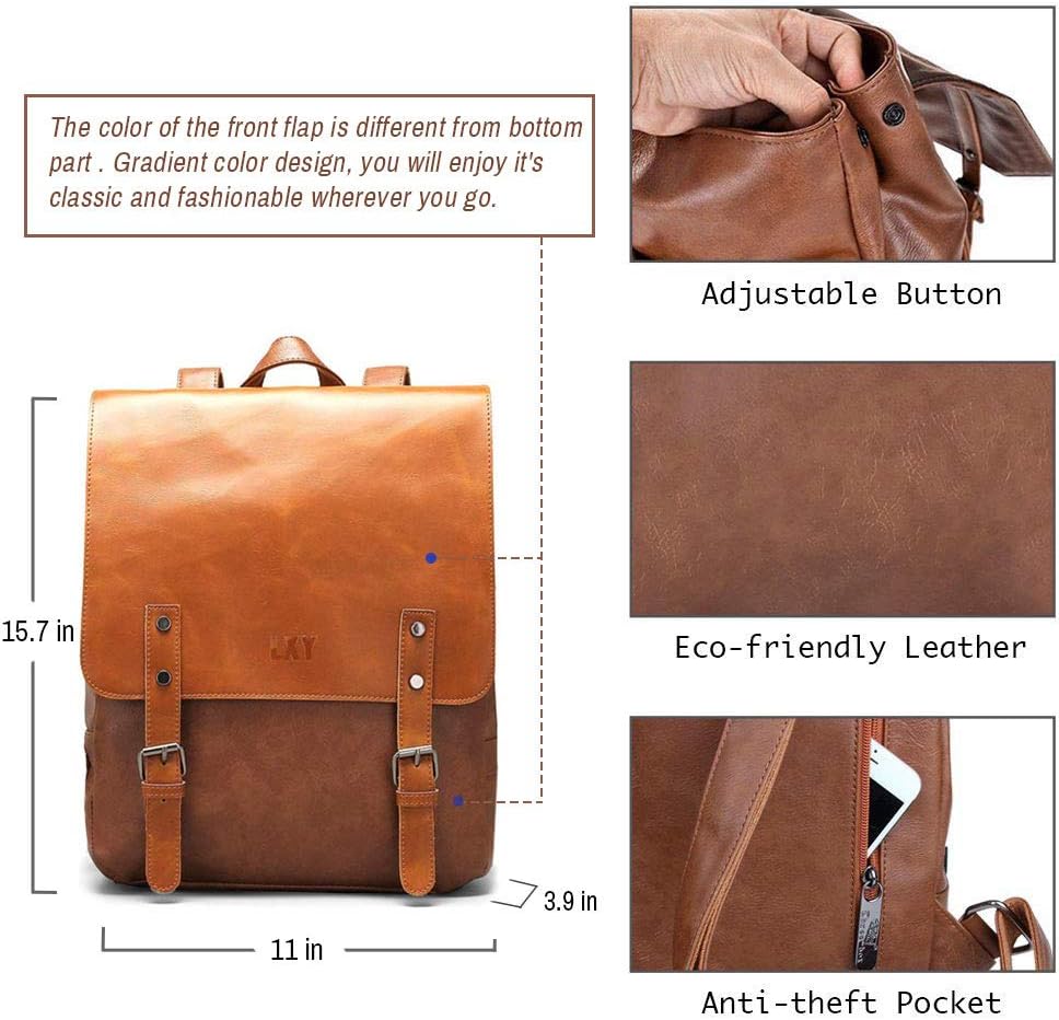 LXY Vegan Leather Backpack Vintage Laptop Bookbag for Women Men - Brown - One Size…, 14.3"H x 11"L x 3.9"W - Image 4