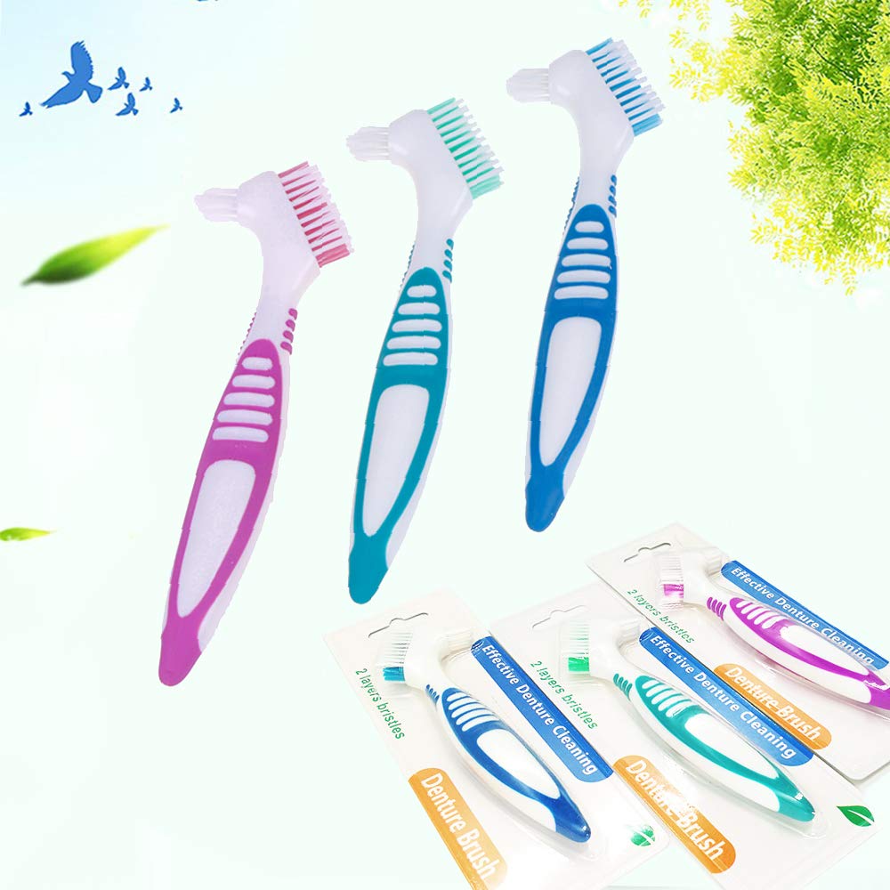 3Pcs Denture Cleaning Brush, AUHOKY Premium Hygiene Denture Cleaner Toothbrush, False Teeth Brushes for Denture Care - Multi-Layered Bristles &Ergonomic Handle (3Colors): Health & Personal Care