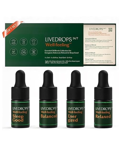 LIVEDROPS 24/7 Essential Oil Gift Set 4 mini Aromatherapy Blends for Energy, Sleep, Relax Natural Oils for Diffuser or Skin Crafted in France by Perfumers Wellness Gift
