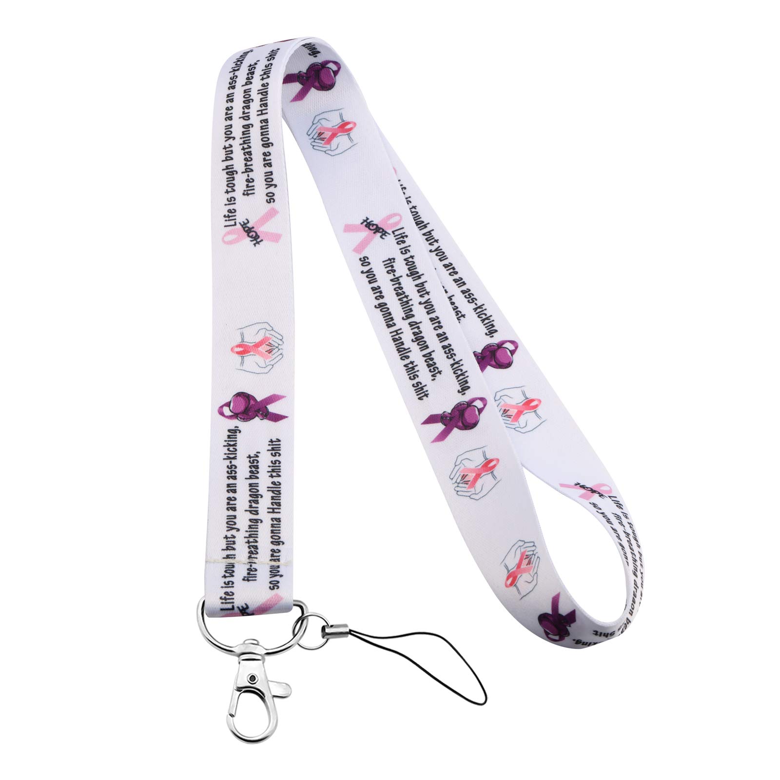 MYSOMY Cancer Survivor Cancer Fighter Gift Life Is Tough But You Are Gonna Handle This Ribbon Pattern Fighting Cancer Theme Lanyard Cancer Care Theme Gift for Her (white)