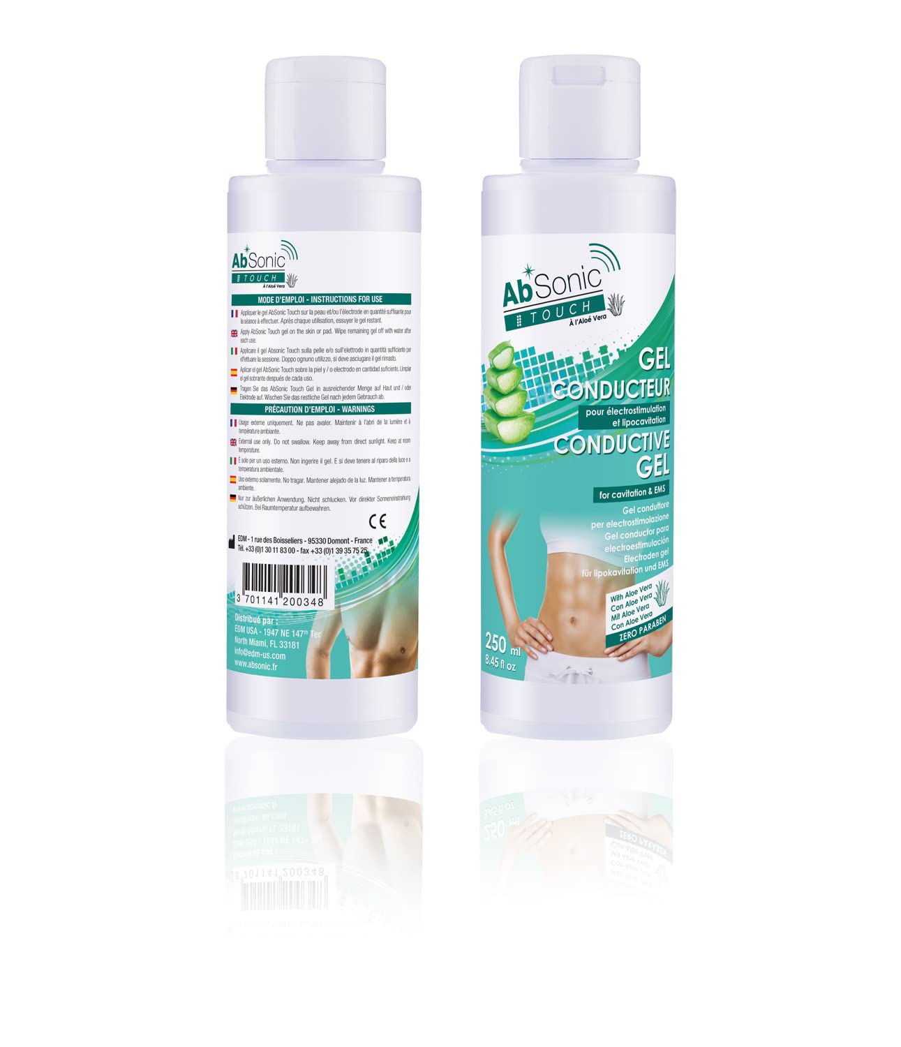 AbSonic Touch with Aloe - Conductive gel for Electrodes, TENS, EMS and Abs Stimulating Belts - 2 x 250 ml (2 x 8.5 oz)