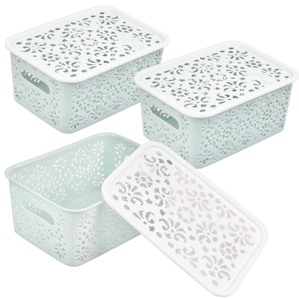 DODUOS 3Pcs Plastic Storage Baskets with Lids, Plastic Organizer Baskets with Handle, 21 * 16.5 * 10.4cm Blue Small Storage Containers Bins Boxes for Shelve, Kitchen, Cupboards, Fridge