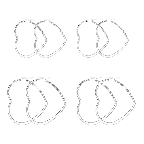 4 Pairs Heart Hoop Earrings for Women Hypoallergenic Silver Stainless Steel Big Hoop Earrings Set Valentines Day Gifts For Her (Silver, 2 Pairs 40mm + 2 Parirs 50mm)
