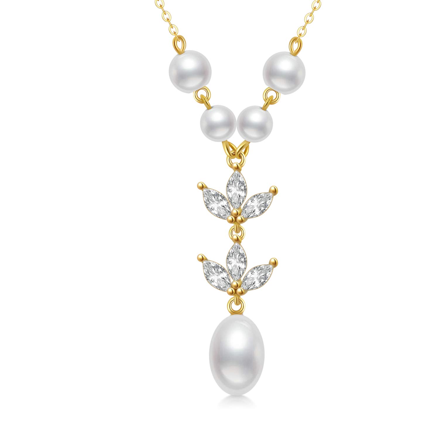 SISGEM 9 ct Gold Bridal Necklace for Women, Solid Yellow Gold Floral Pendant Necklace with Freshwater Pearl, for Women Girls Ladies Mum Sisters, 16"+1"+1"