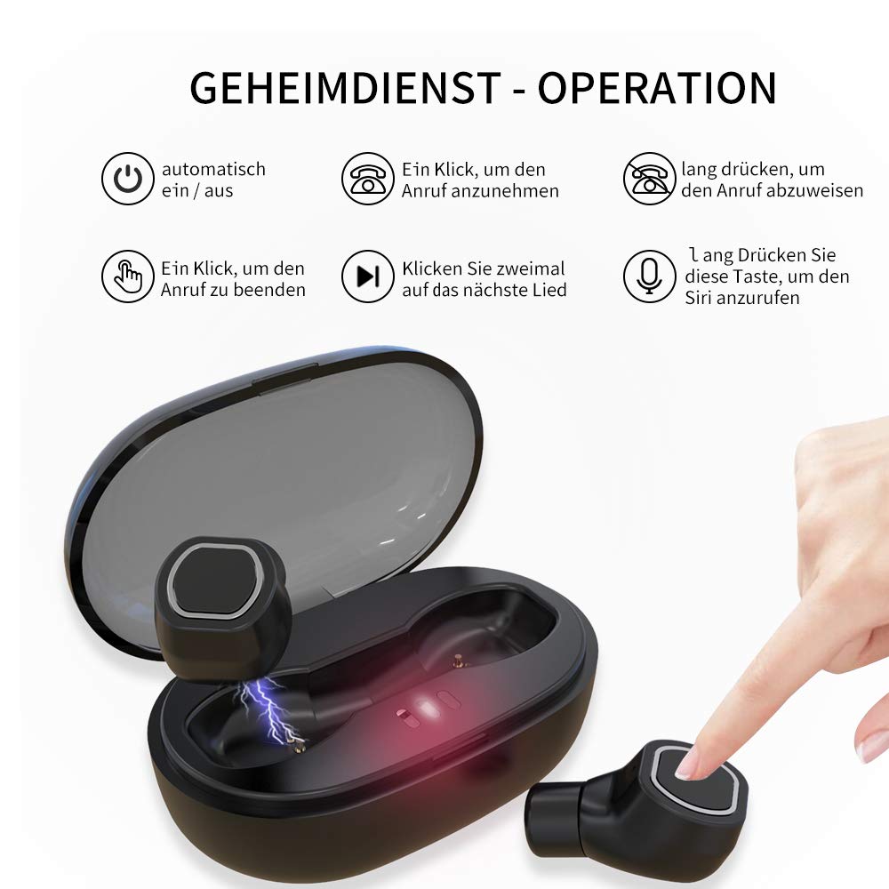 Bluetooth Kopfhörer in Ear - Bluetooth Headset V5.0 Stereo-Minikopfhörer Ohrhörer Bluetooth Kabellos IPX6 Wasserdicht True Wireless Earbuds mit Ladekästchen und Integriertem Mikrofon, von Ruicer