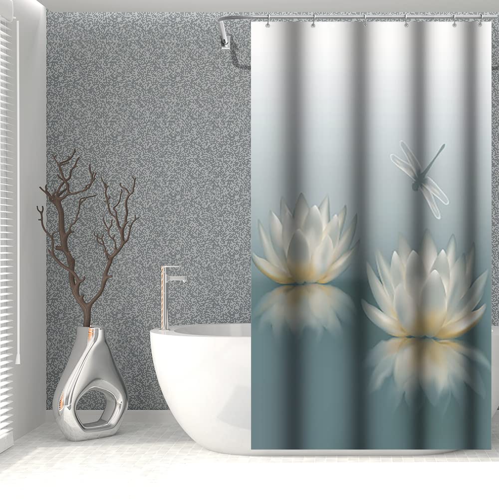 SDOTPMT 90x183cm Lotus Flower Shower Curtain Cute Dragonfly Zen Spa Bath Curtain Elegant Floral Spiritual Meditation Bathtub Curtain for Female Bathroom Fabric Polyester Waterproof with Hooks