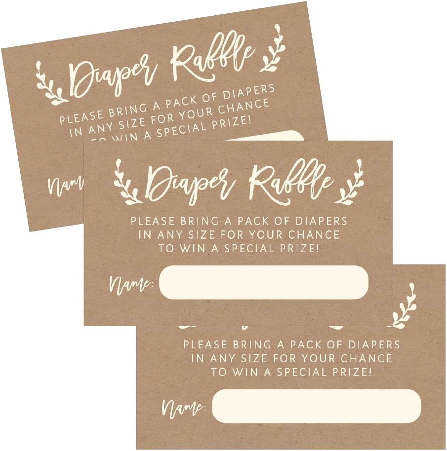 25 Diaper Raffle Ticket Lottery Insert Cards for Rustic Kraft Baby Shower Invitations, Supplies and Games for Baby Reveal Party, Gender Neutral Bring a Pack of Diapers to Win Favors, Gifts and Prizes