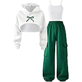 WDIRARA Girl's Sweatsuit 3 Piece Outfits Bow Hoodie Camisole Cargo Pants Set Tracksuit