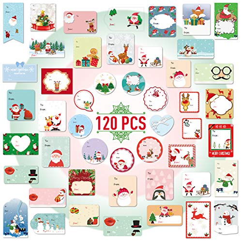 Joyjoz Christmas Gift Tag Stickers Labels Self Adhesive Santa Snowmen Xmas Tree Deer Christmas Festival Birthday Wedding Holiday Decorative Presents Labels Decals Christmas Gift for Friends 120 Pack