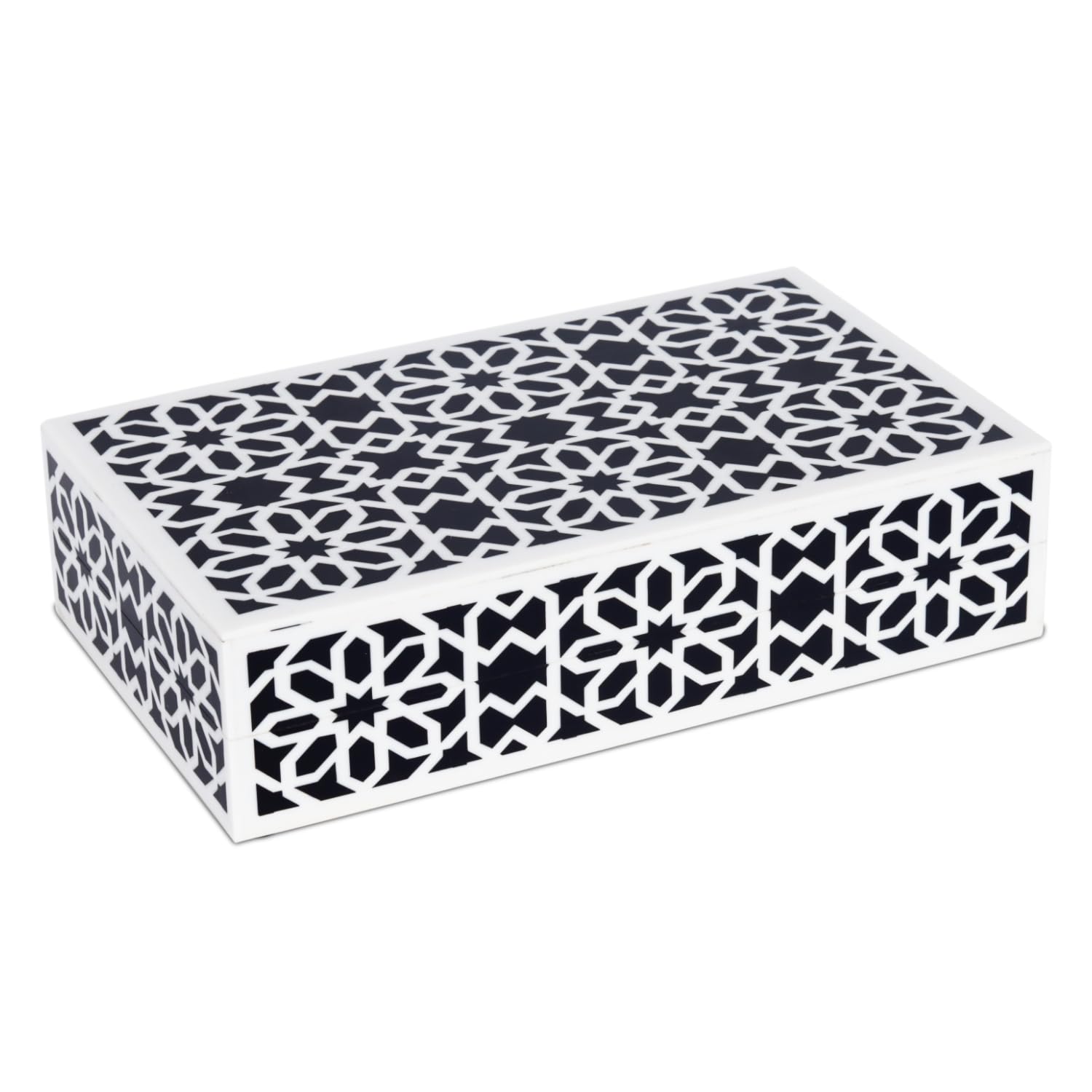 Handicrafts Home Small Decorative Storage Box with Lid, Black White Persian Tile Keepsake Box, Moorish Rosette Trinket Box for Jewelry, Desk Organizer & Coffee Table Decor, Shiraz 8 x 5 x 2