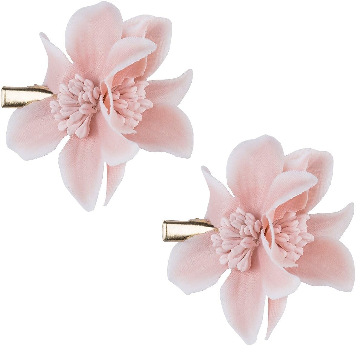 SIX Set: 2 hairclips, hairslides, barrettes with small textile flowers in pink (24-639)