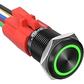 APIELE 16mm Latching Push Button Switch 12V DC On Off Black Shell with LED Angel Eye Head for 0.63" Mounting Hole with Wire Socket Plug Self-Locking (Green/Black Shell)