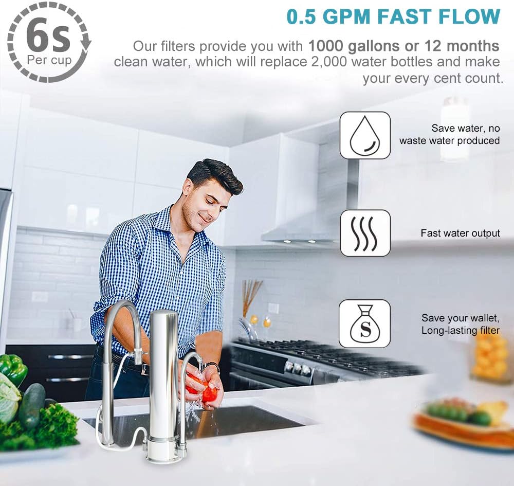ESOW Countertop Water Filter, 304 Stainless-Steel Drinking Water Purifier, High Water Flow Tap Water Filter, Filtered Water Dispenser for Home, Kitchen Tap & Bathroom Sink, Fits Standard Faucets: Home & Kitchen