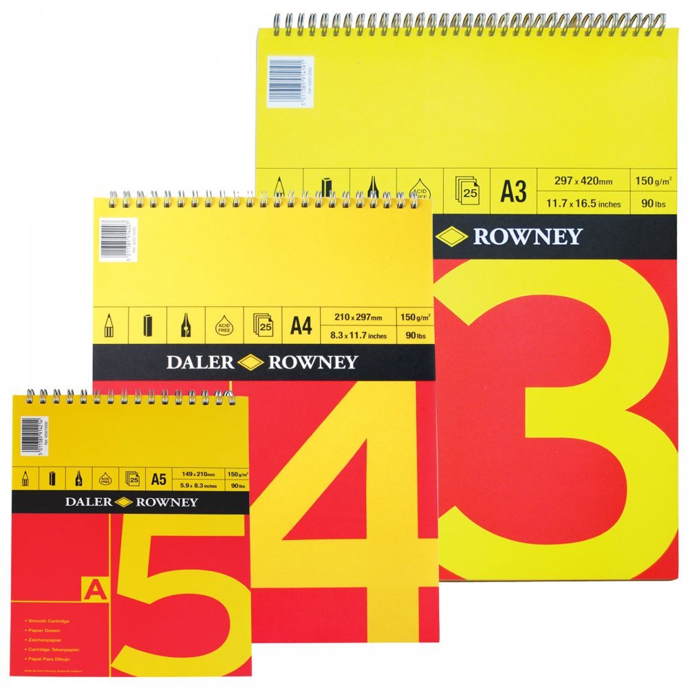 Daler-Rowney Red and Yellow, Drawing Paper, Smooth Surface, 150 gsm, 90lb, Spiral Pad, A5 - 5.8 x 8.3in - 14.8 x 21 cm, 25 Sheets