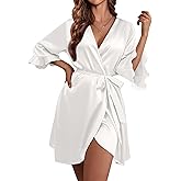 Ekouaer Women's Satin Robe Valentines Lingerie for Women Kimono Bathrobe Short Ruffle Belted Robes Bridesmaids Sleepwear