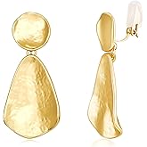 YUJIE Clip On Earrings for Women Dangle Hammered Geometric Earrings Gold Plated Jewelry