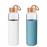 Lily's Home Borosilicate Glass Water Bottles Set of 2 - Glass Water Bottle Set. (18 oz) Glass Bottles with Lids (Bamboo, Leakproof Seal), BPA Free, Silicone Sleeves to Avoid Drops & Bumps