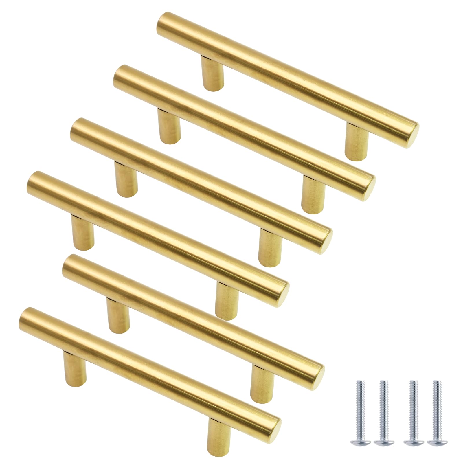 Cjueiom 6 Pack Gold Cabinet Handles 76mm Hole Centers, 127mm Length Stainless Steel T-Bar Handles for Drawers, Wardrobe, Kitchen Cabinets & Bedroom Furniture — image 1