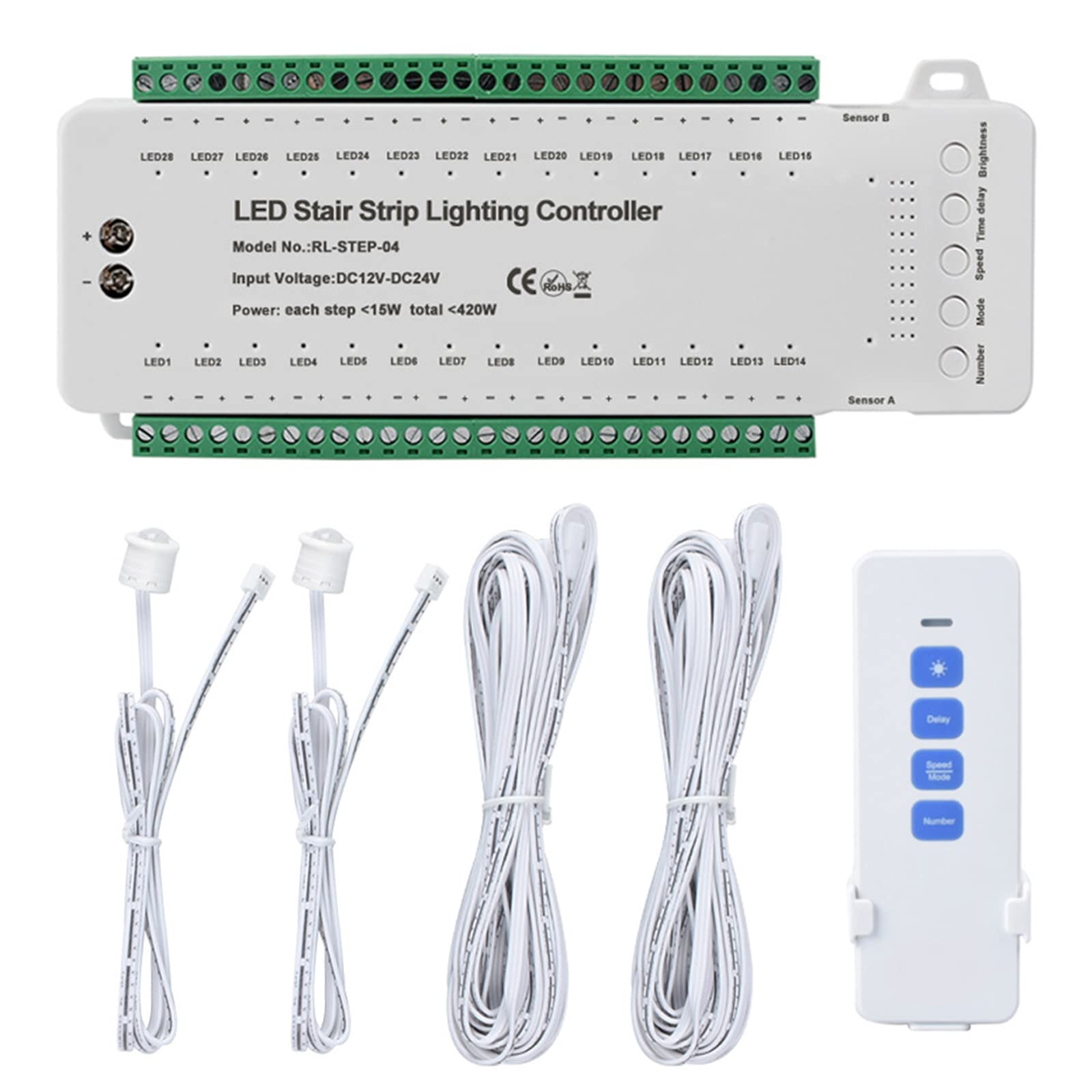 TWSOUL 9 Modes LED Motion Sensor Stair Light Controller DC12-24V Speed Brightness Adjustable Time Delay Setting Automatic (28 Channels remote control), Red